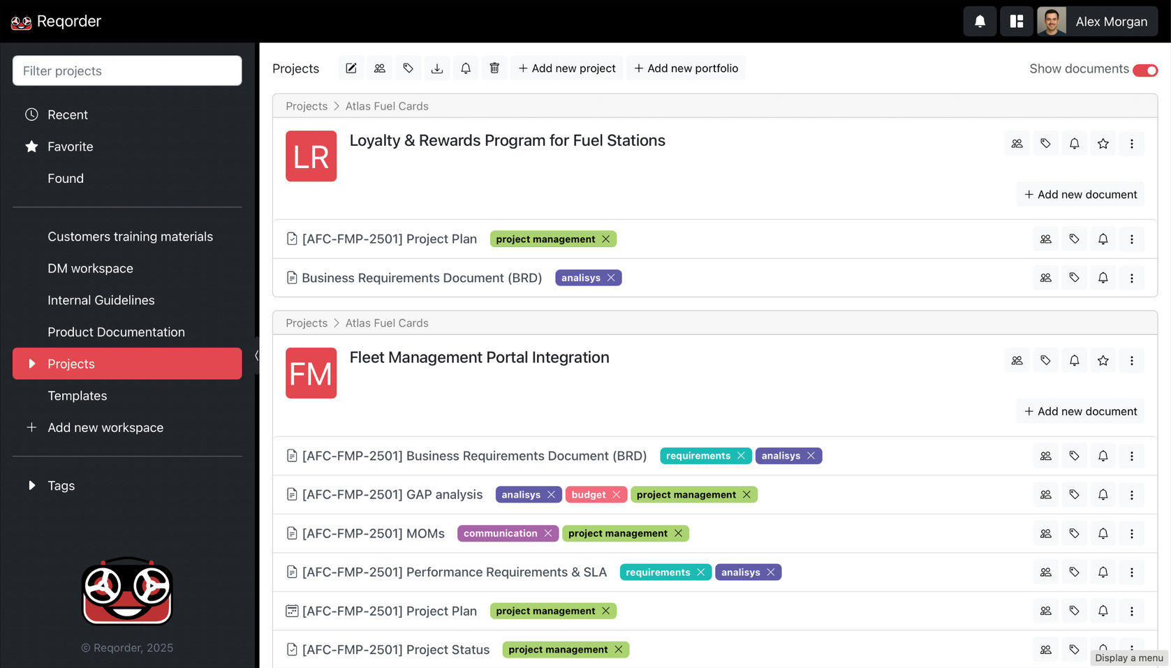Reqorder workspace with projects and documents